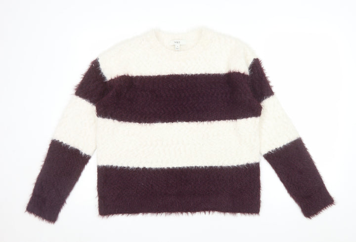 Marks and Spencer Womens Cream Burgundy Striped Knit Jumper Size M