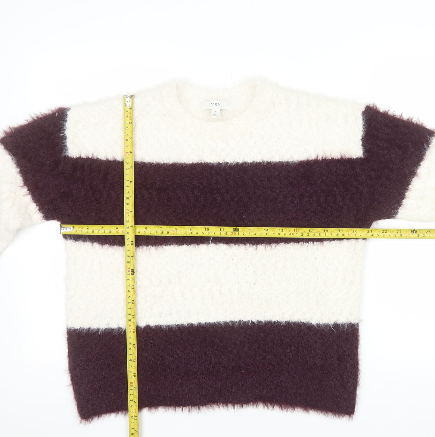 Marks and Spencer Womens Cream Burgundy Striped Knit Jumper Size M