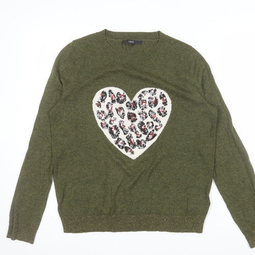 Next Women Green Heart Animal Print Sequin Jumper Size S
