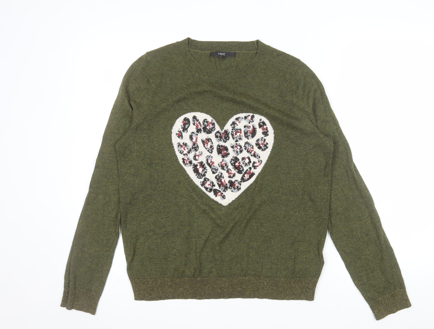 Next Women Green Heart Animal Print Sequin Jumper Size S
