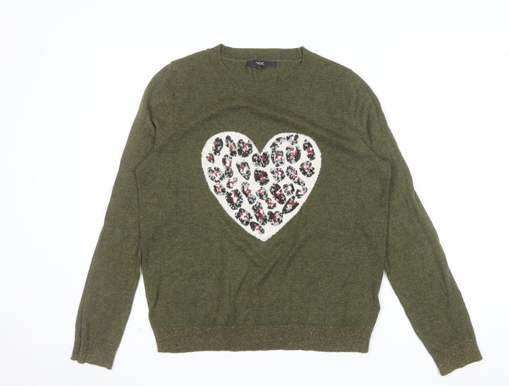 Next Women Green Heart Animal Print Sequin Jumper Size S