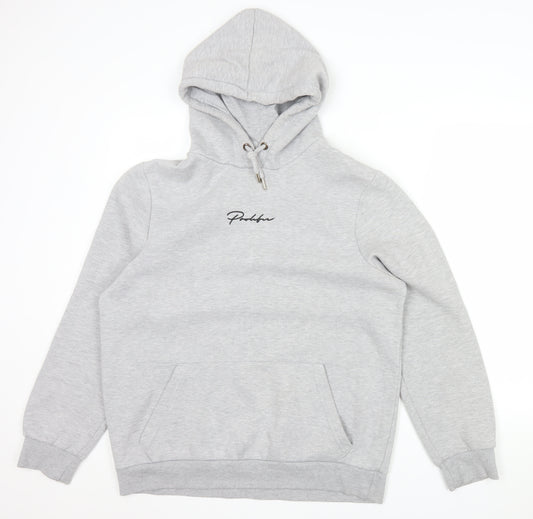 River Island Men's Grey Pullover Hoodie L Logo Fleece