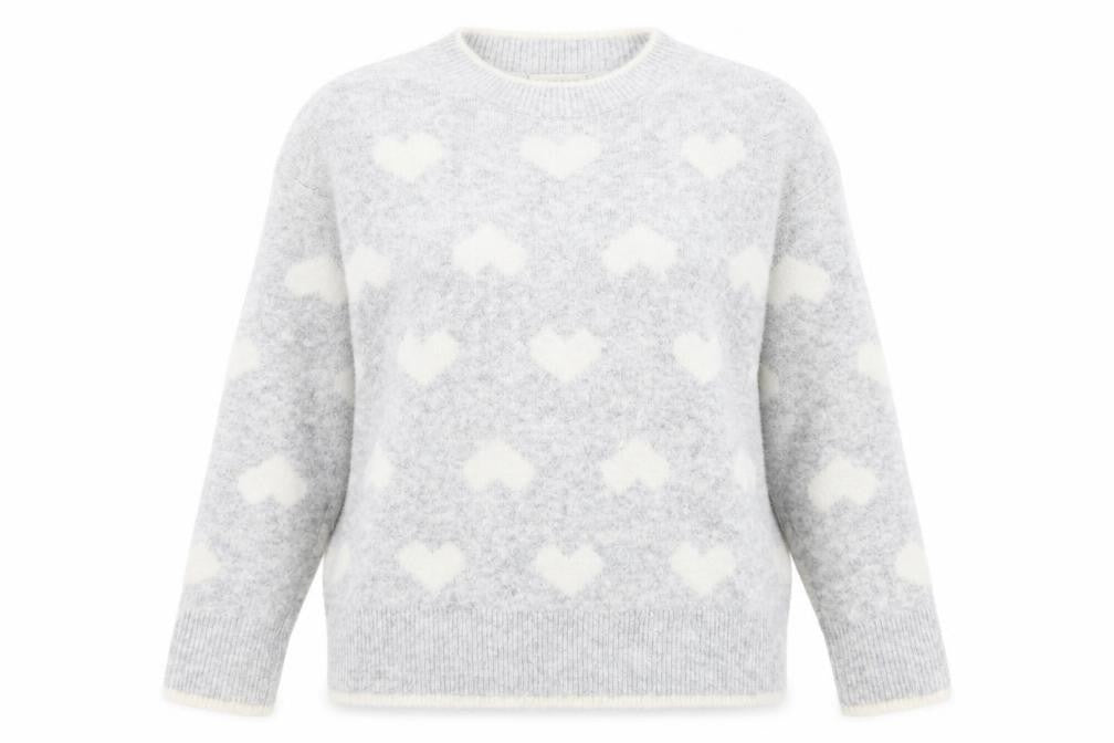 Front view of Bluoltre Women's Grey Heart Knit Crew Neck jumper, size S