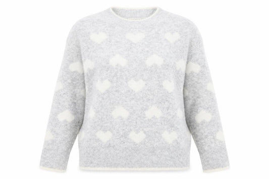 Front view of Bluoltre Women's Grey Heart Knit Crew Neck jumper, size S