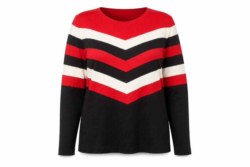 Front view of Wallis Women Red Black Striped Crew Neck Long Sleeve jumper, size 18