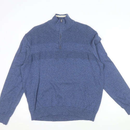 Tu Men's Blue Cotton Half Zip High Neck Jumper XL