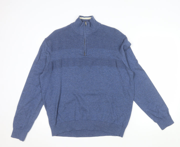 Tu Men's Blue Cotton Half Zip High Neck Jumper XL
