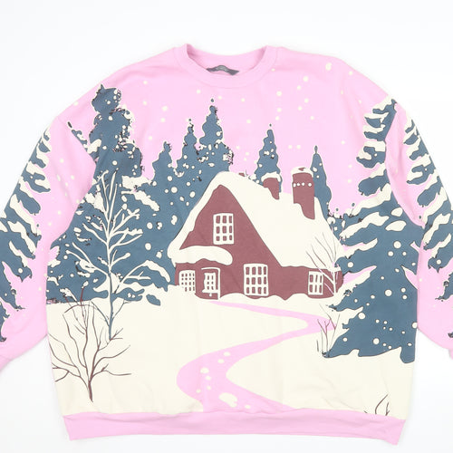 George Women Pink Christmas Cottage Print Pullover Sweatshirt XL 20-22