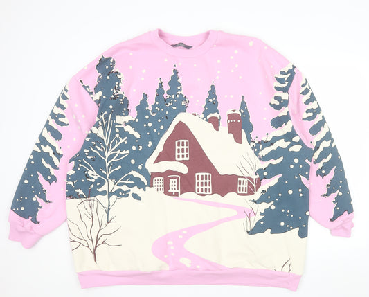 Front view of George Women Pink Christmas Cottage Print Pullover Sweatshirt XL 20-22