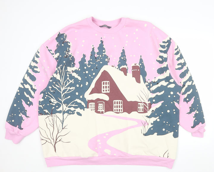 George Women Pink Christmas Cottage Print Pullover Sweatshirt XL 20-22