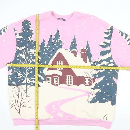 George Women Pink Christmas Cottage Print Pullover Sweatshirt XL 20-22