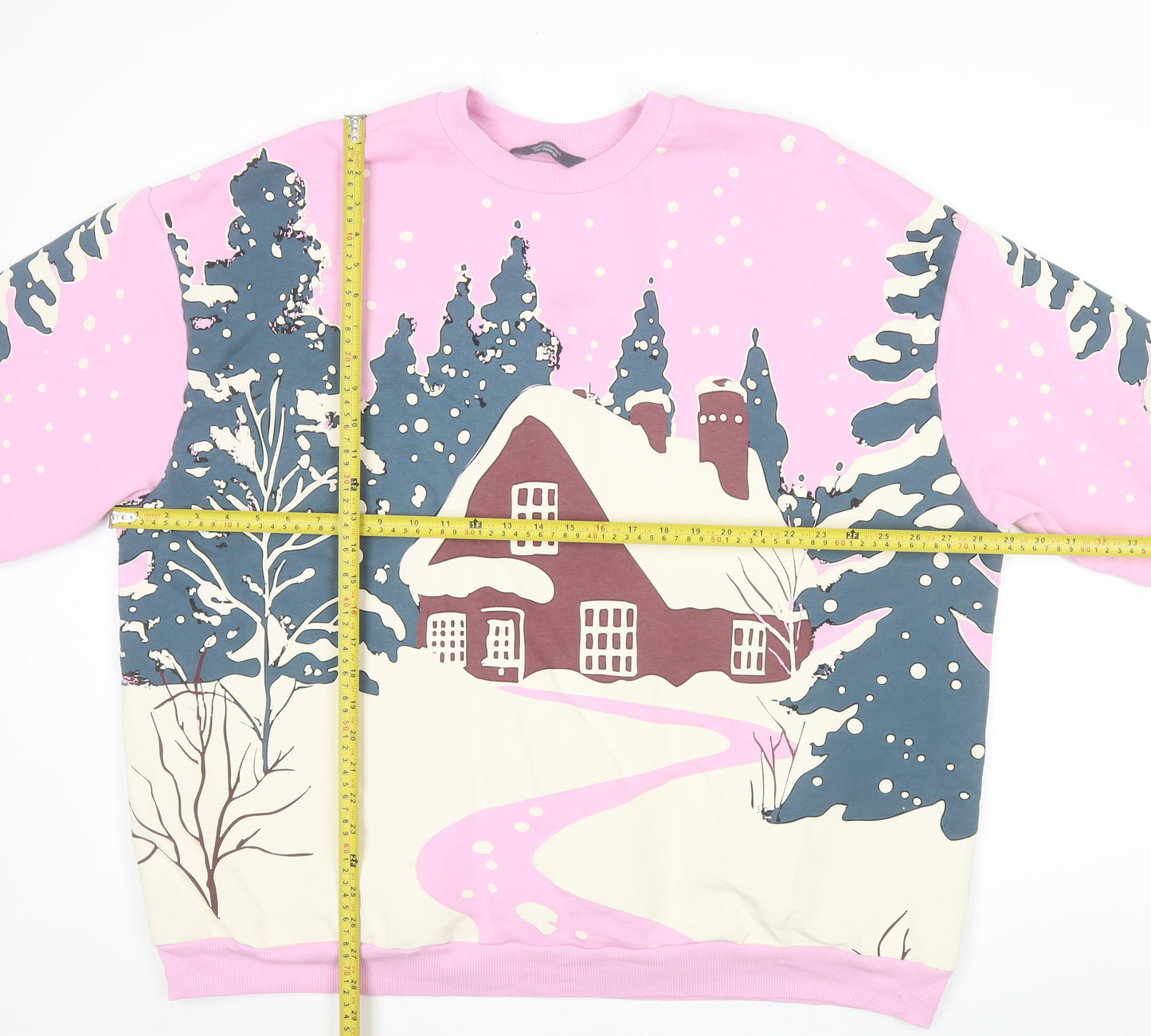 George Women Pink Christmas Cottage Print Pullover Sweatshirt XL 20-22