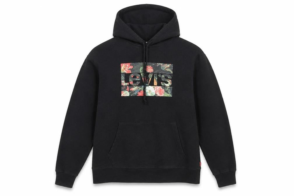 Front view of Levi's Men's Black Floral Logo Pullover Hoodie M Regular Fit