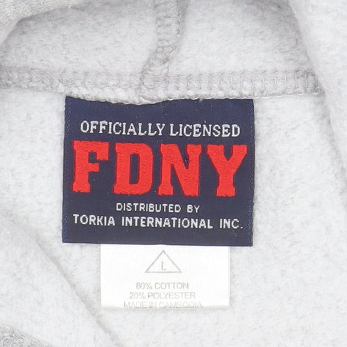FDNY Men’s Grey Pullover Hoodie Size L Regular Fit Logo Sweatshirt
