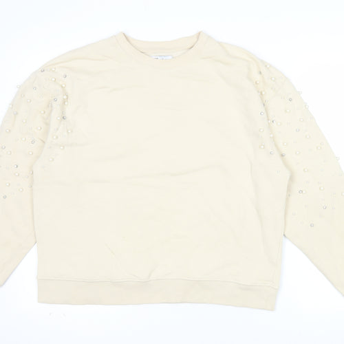 Pull&Bear Women Beige Beaded Long Sleeve Pullover Sweatshirt Size M