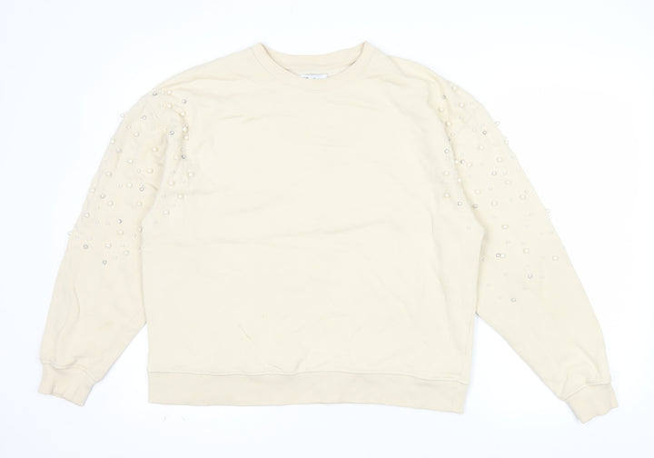 Pull&Bear Women Beige Beaded Long Sleeve Pullover Sweatshirt Size M
