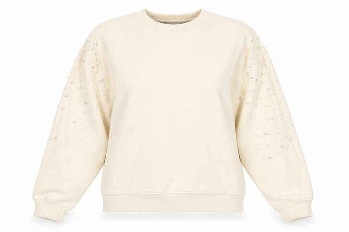 Pull&Bear Women Beige Beaded Long Sleeve Pullover Sweatshirt Size M