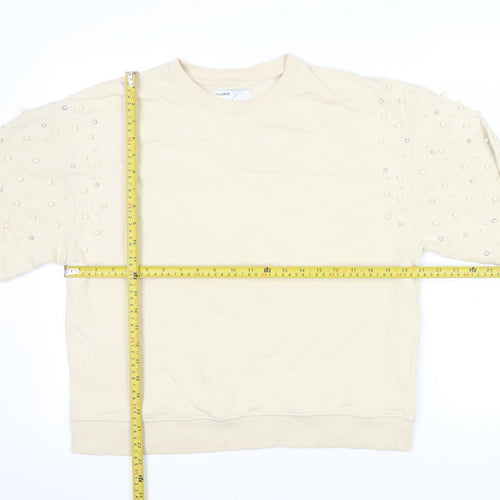 Pull&Bear Women Beige Beaded Long Sleeve Pullover Sweatshirt Size M