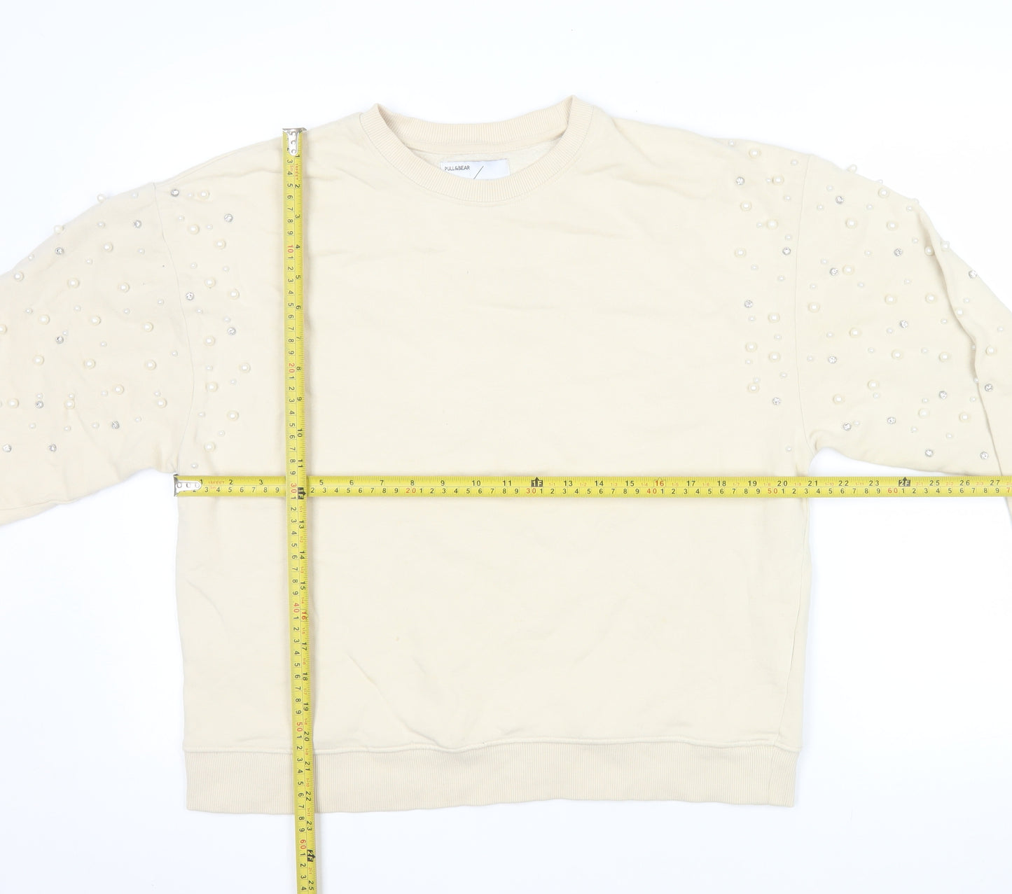 Pull&Bear Women Beige Beaded Long Sleeve Pullover Sweatshirt Size M