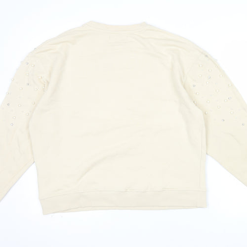 Pull&Bear Women Beige Beaded Long Sleeve Pullover Sweatshirt Size M
