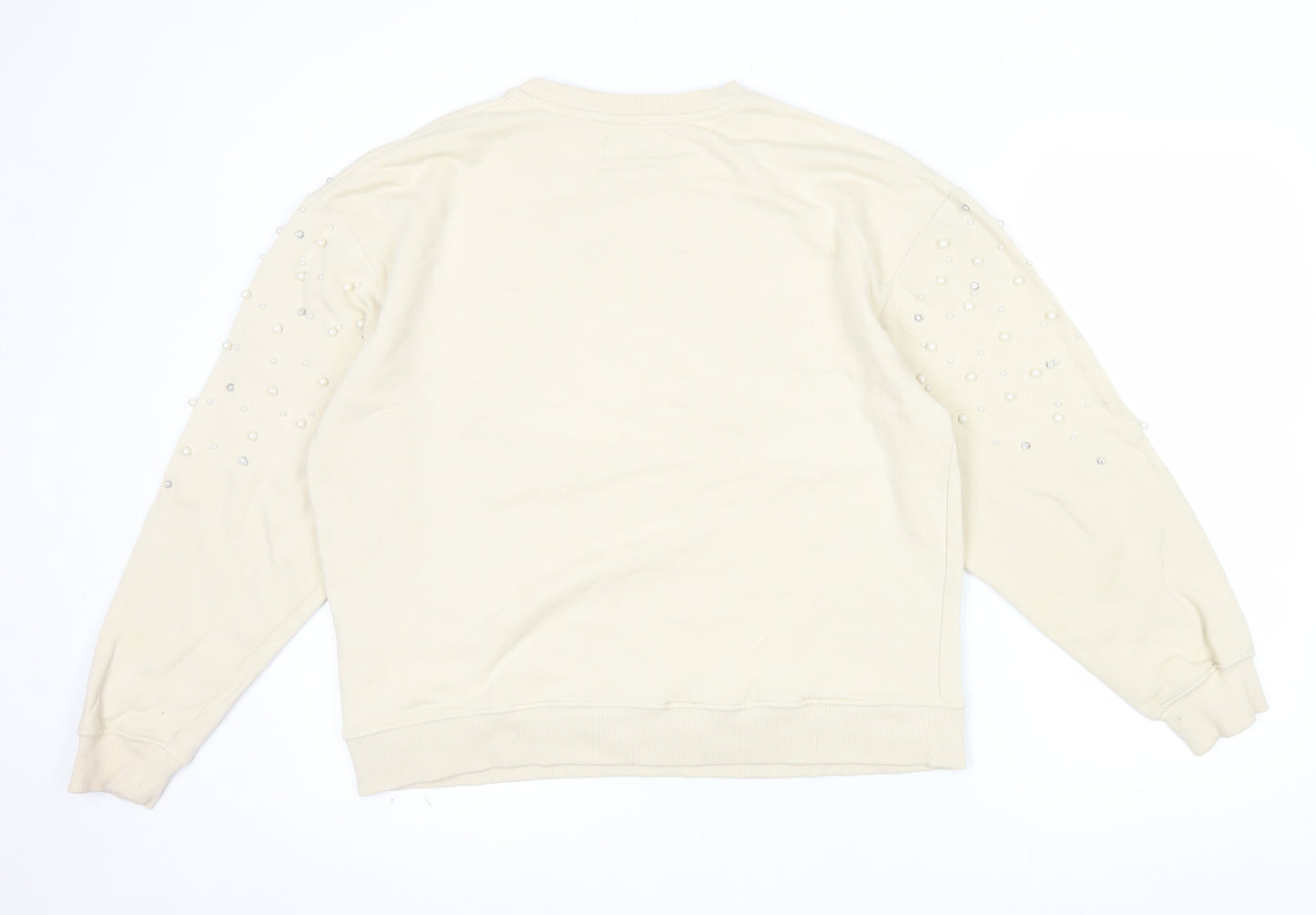 Pull&Bear Women Beige Beaded Long Sleeve Pullover Sweatshirt Size M
