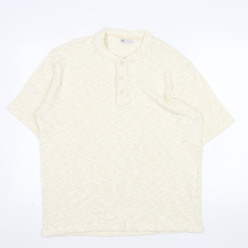Zara Men Beige Cotton Short Sleeve Henley Knit T-Shirt XL