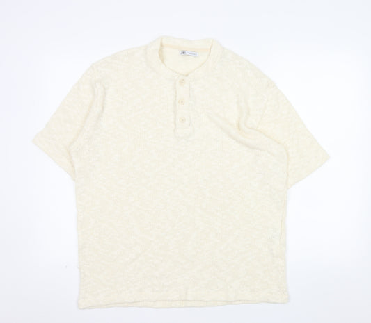 Zara Men Beige Cotton Short Sleeve Henley Knit T-Shirt XL