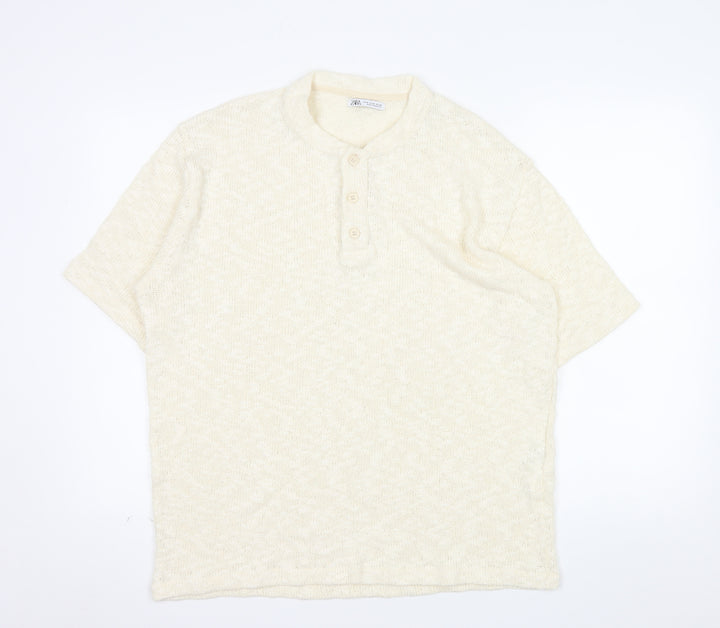 Zara Men Beige Cotton Short Sleeve Henley Knit T-Shirt XL