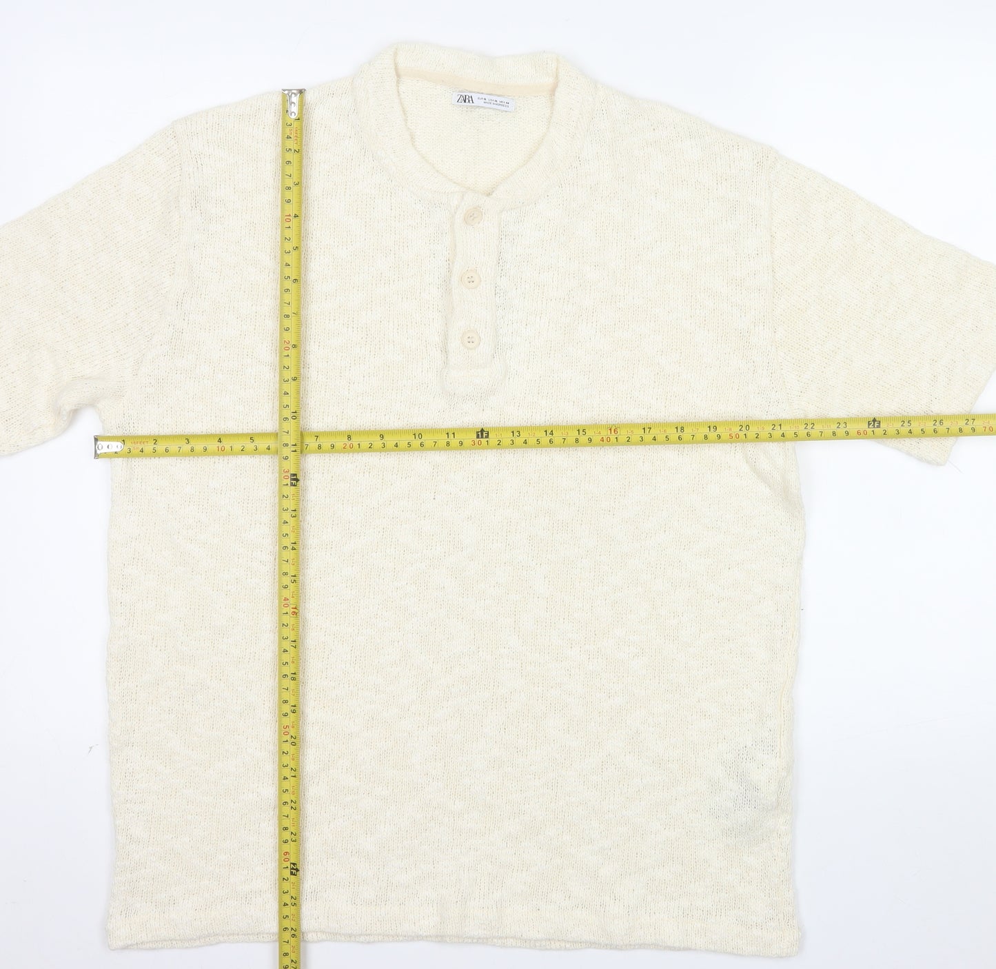 Zara Men Beige Cotton Short Sleeve Henley Knit T-Shirt XL