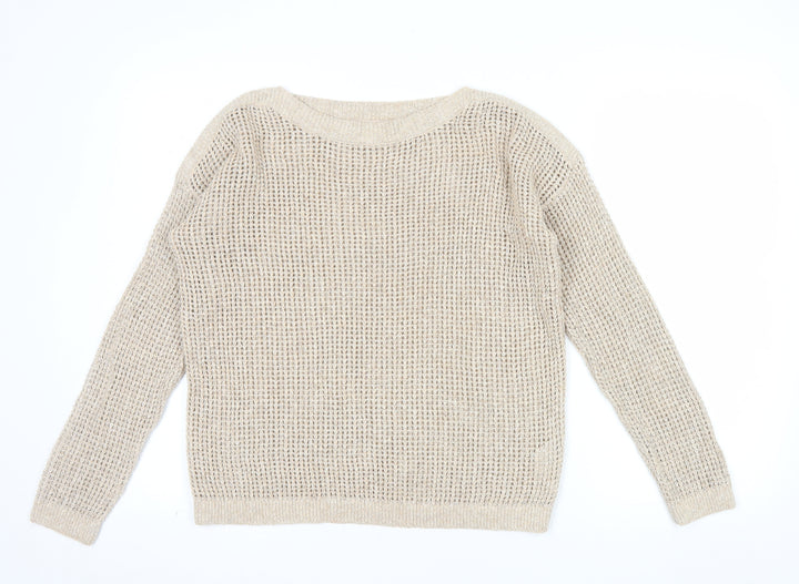 Fat Face Women's Beige Open-Knit Cotton Blend Jumper Size 10