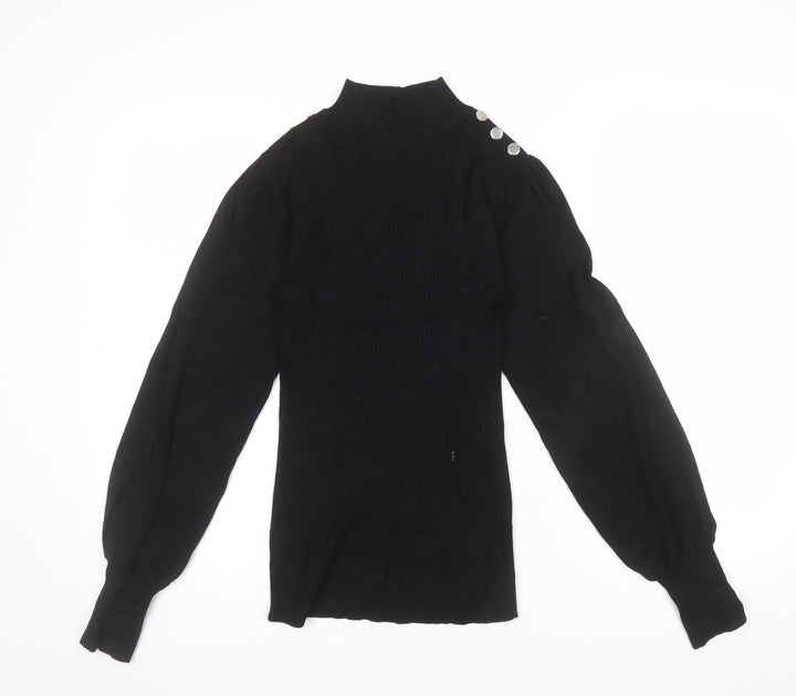 River Island Women Black Mock Neck Long Sleeve Button Jumper Size S
