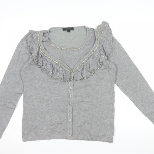Christina Women Grey Beaded Ruffle V-Neck Cardigan L
