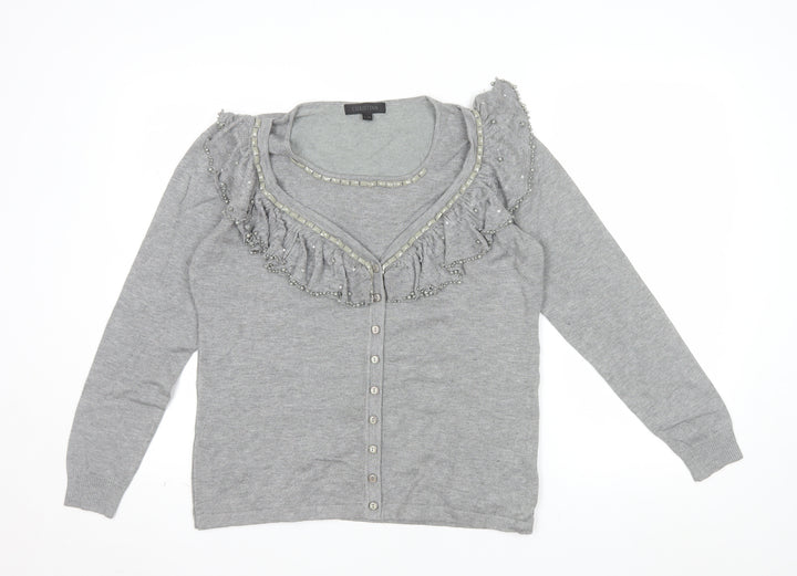 Christina Women Grey Beaded Ruffle V-Neck Cardigan L