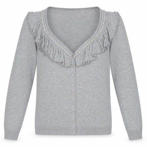 Christina Women Grey Beaded Ruffle V-Neck Cardigan L