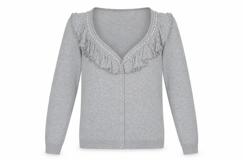 Christina Women Grey Beaded Ruffle V-Neck Cardigan L