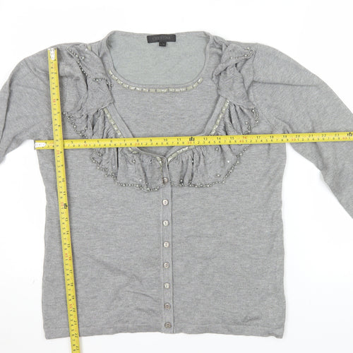 Christina Women Grey Beaded Ruffle V-Neck Cardigan L