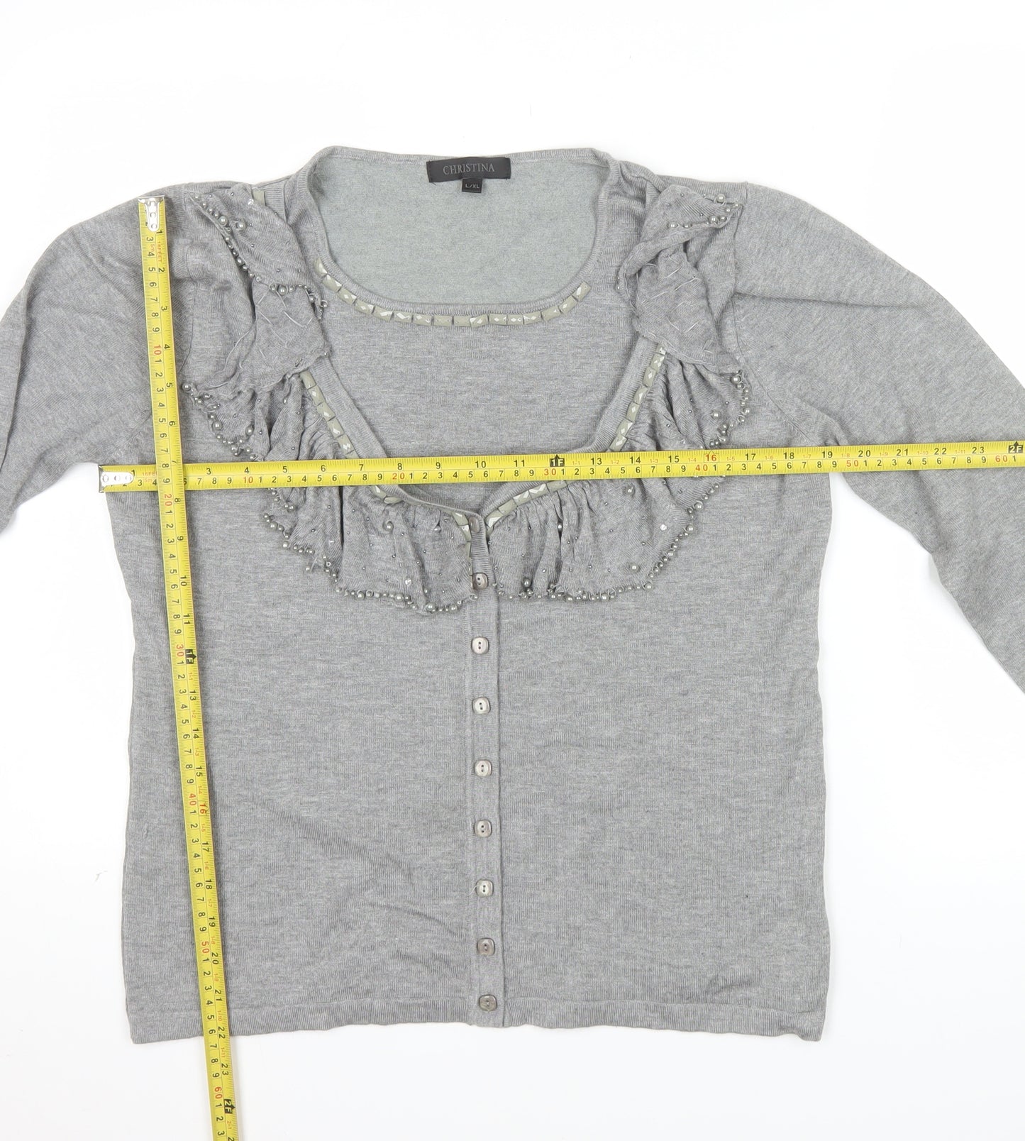 Christina Women Grey Beaded Ruffle V-Neck Cardigan L