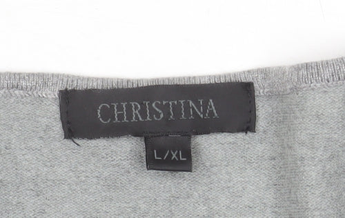 Christina Women Grey Beaded Ruffle V-Neck Cardigan L