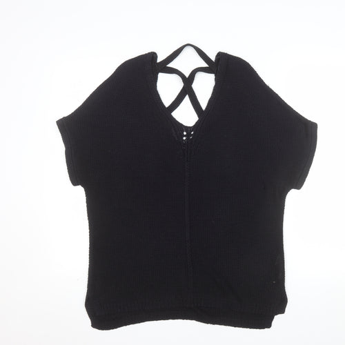 F&F Women Black V-Neck Short Sleeve Knit Pullover Jumper UK 10