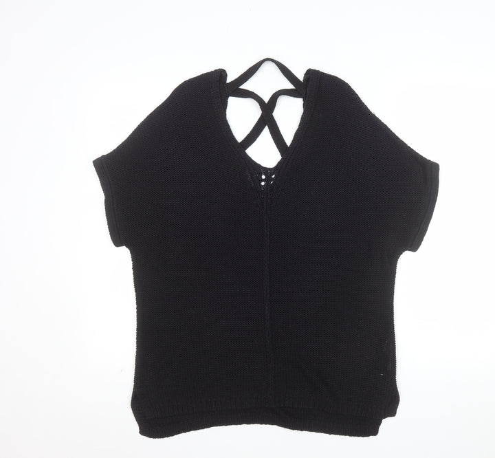 F&F Women Black V-Neck Short Sleeve Knit Pullover Jumper UK 10