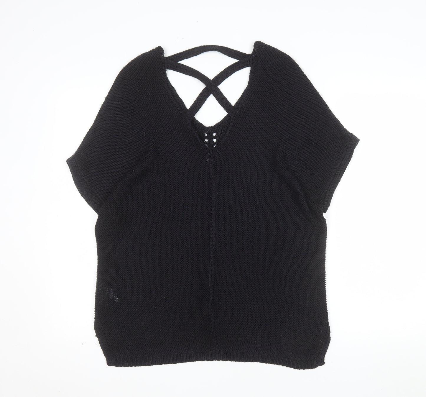 F&F Women Black V-Neck Short Sleeve Knit Pullover Jumper UK 10