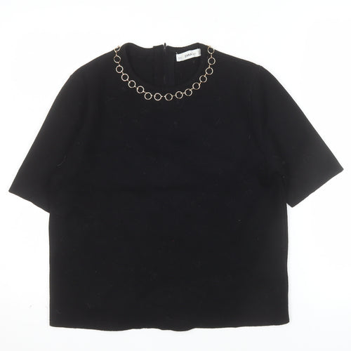 Zara Women Black Short Sleeve Knit Blouse Size 12 with Chain Detail
