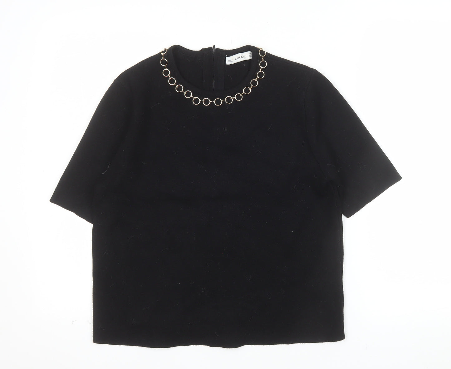 Zara Women Black Short Sleeve Knit Blouse Size 12 with Chain Detail