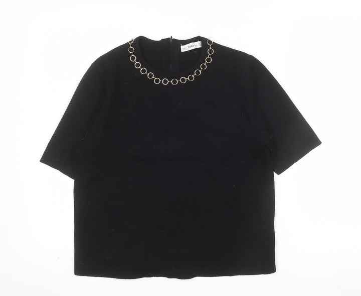 Zara Women Black Short Sleeve Knit Blouse Size 12 with Chain Detail