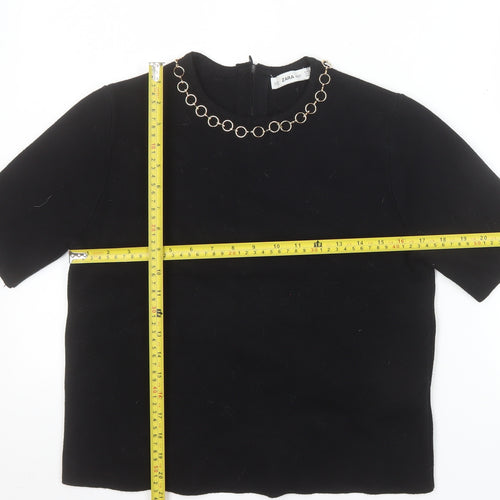 Zara Women Black Short Sleeve Knit Blouse Size 12 with Chain Detail