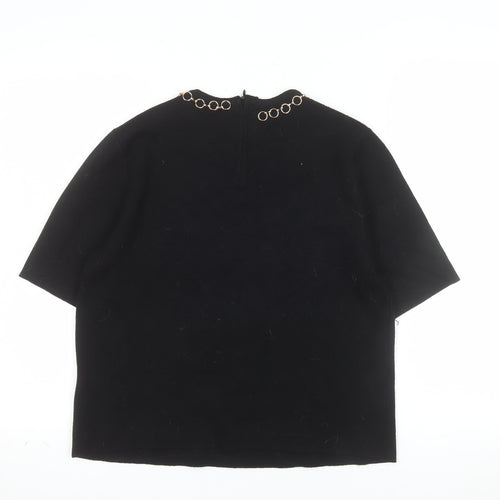 Zara Women Black Short Sleeve Knit Blouse Size 12 with Chain Detail