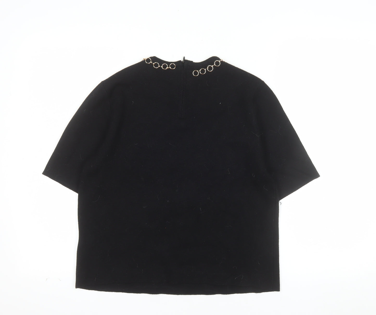 Zara Women Black Short Sleeve Knit Blouse Size 12 with Chain Detail