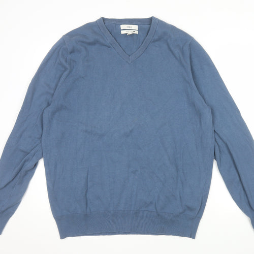 Marks and Spencer Men's Blue XL V-Neck Cotton Pullover Jumper