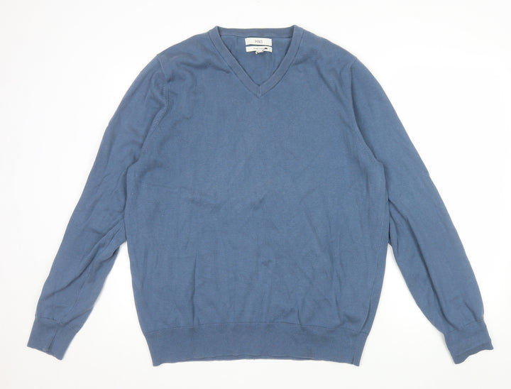 Marks and Spencer Men's Blue XL V-Neck Cotton Pullover Jumper