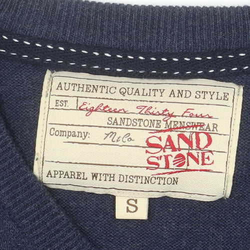 Sandstone Men's Blue Cotton V-Neck Jumper Size S